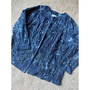 Denim Jacket Blazer Floral Applique Open‎ Front Plus Size 1X Liz & Me unique